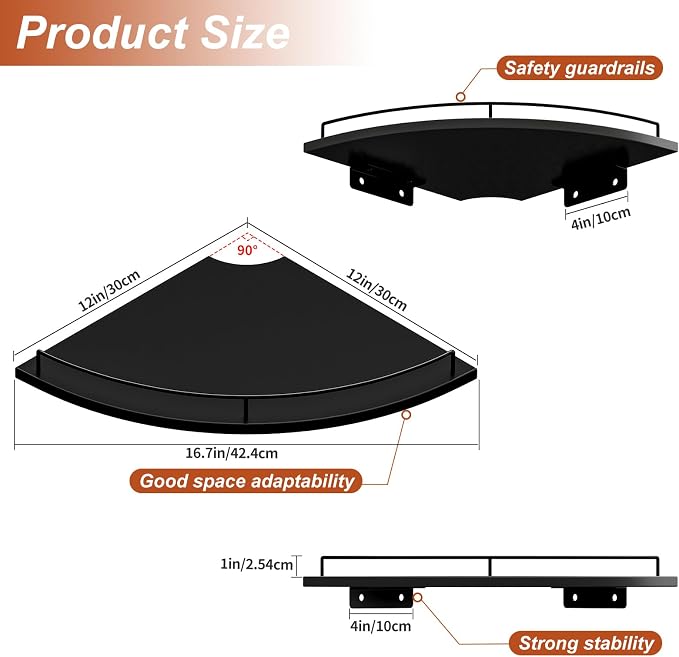 JJL Corner Shelf with Rails, 3-Tier Fan-Shaped Floating Corner Shelf Wall - Image 3