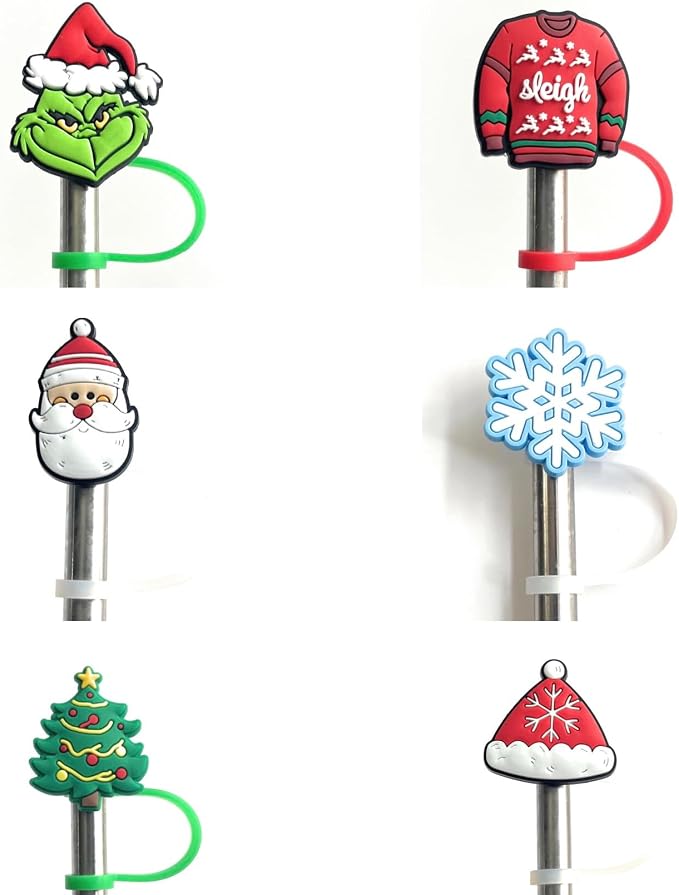 6 Pack 8mm Fun Christmas Straw Toppers Sleigh Tree Snowflake Santa by ThirstTrapDrinkware