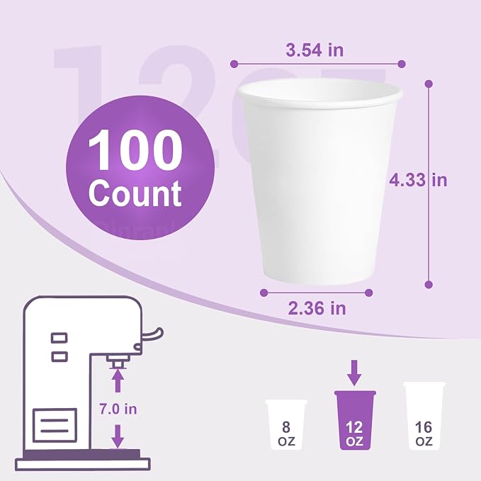 12 oz 100 Pack Bulk Disposable Paper Cups, Leak Proof White - Image 3