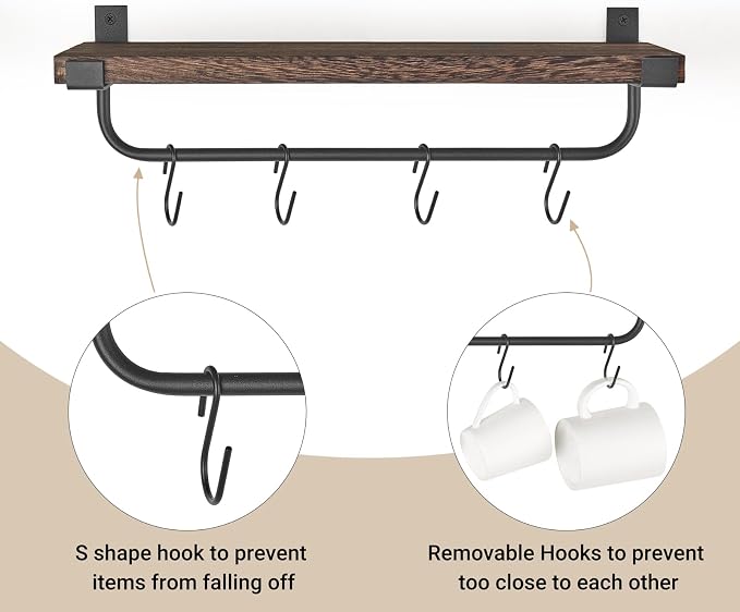 Mkono Mug Holder Wall Mounted Coffee Mug Rack Set of 2 Rustic Floating Shelf - Image 6