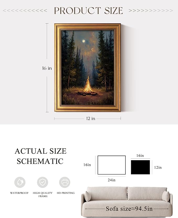 ARPEOTCY Gold Framed Canvas Wall Art, 12x16 Inch Forest Campfire Night Scene - Image 2
