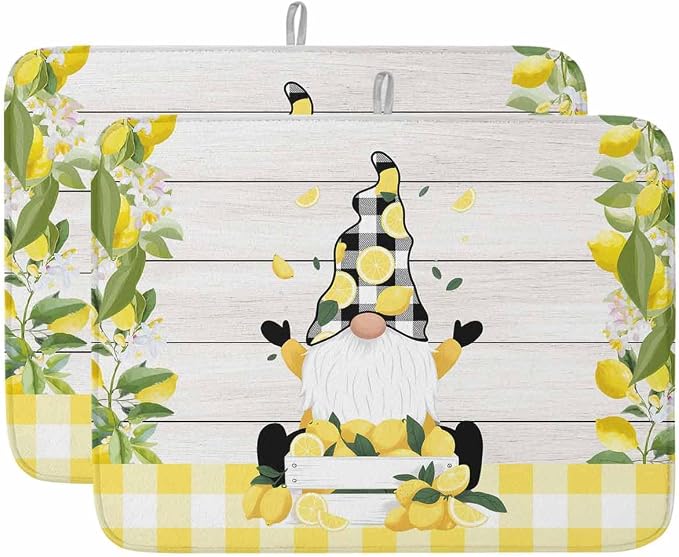 Lemon Dwarfs Dish Drying Mat 18x24 inch Gnome Green Leaf Wood Striped Black by Unknown