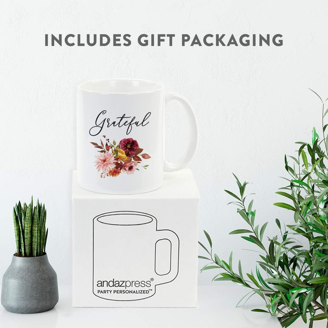 Andaz Press Fall Burgundy Marsala 11oz. Ceramic Coffee Tea Mug, Grateful, 1-Pack, Floral Blooms Graphic, Birthday, Friend, Family, Coworker, Autumn Season, Festive Thanksgiving Ideas