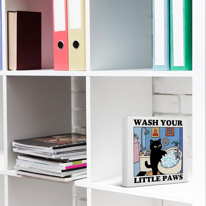 Funny Bathroom Decor Wash Your Little Paw Cute Black Cat Wood Block Sign Decor - Image 5