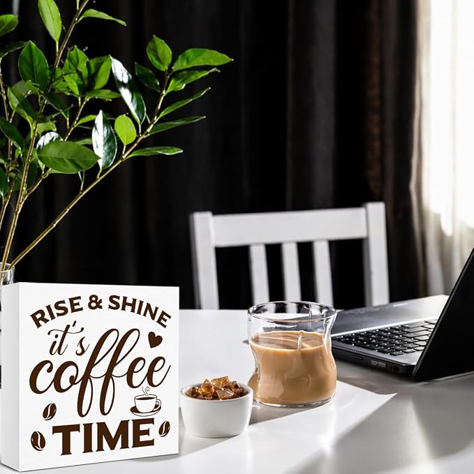 Coffee Bar Decor, Farmhouse Cafe Wooden Sign, Rise & Shine It's Coffee Time - Image 3