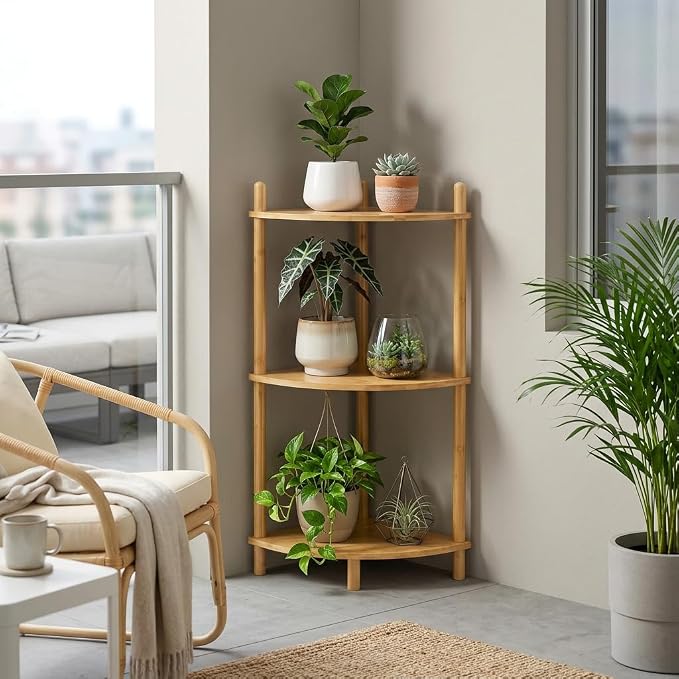 3-Tier Expandable Bamboo Corner Shelf Stand, Corner Bookshelf, Display Storage - Image 5