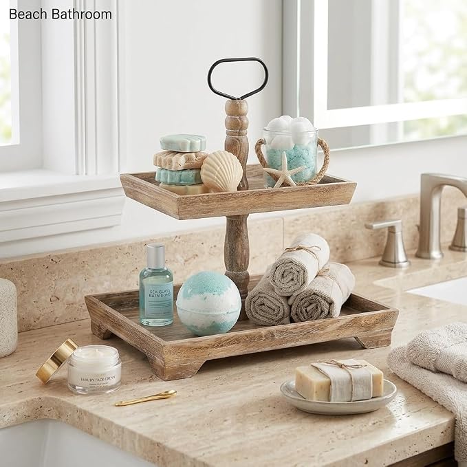Hanobe Tiered Tray for Table Decor: 2 Tier Coastal Decorative Tray Stand | - Image 4