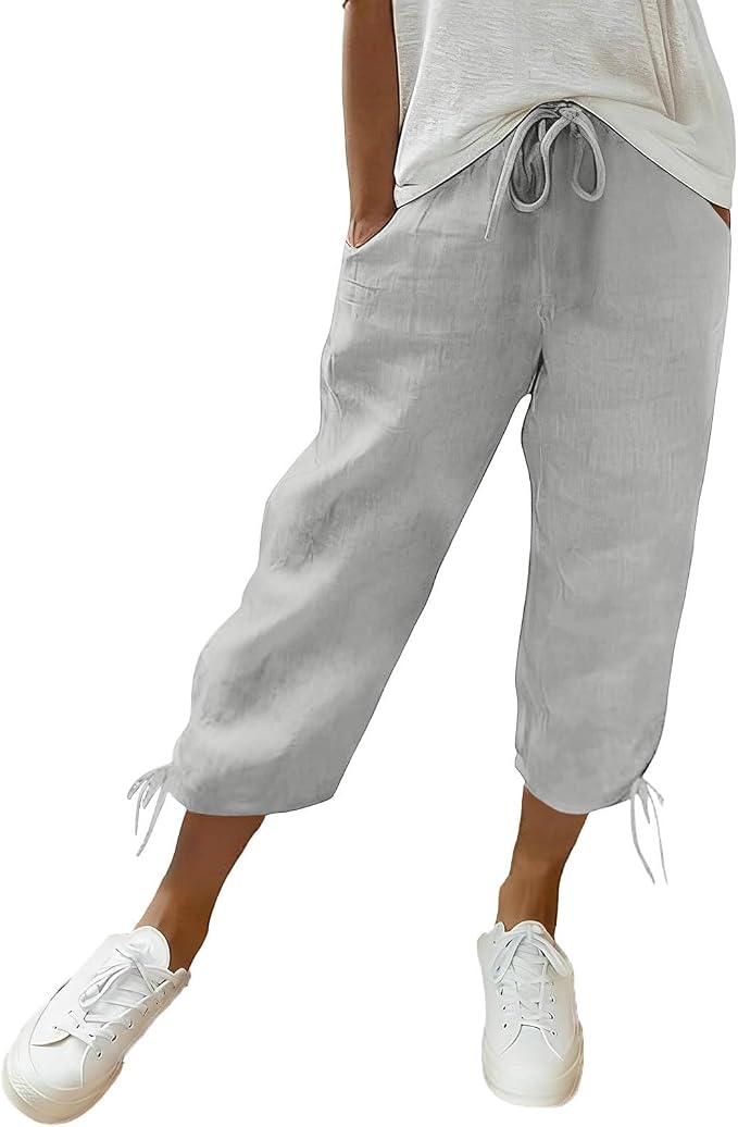 Linen Capri Pants for Women Drawstring Elastic Wide Leg Trouser 2026 Summer by Unknown