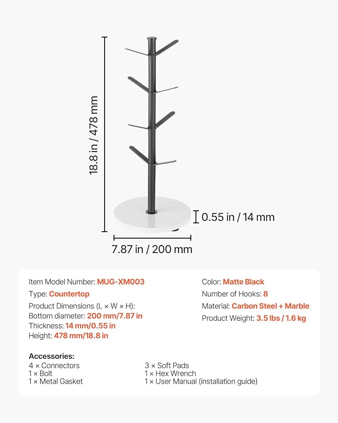 VEVOR Mug Holder Tree with Marble Base, 8 Hooks Coffee Cup Holder - Image 7