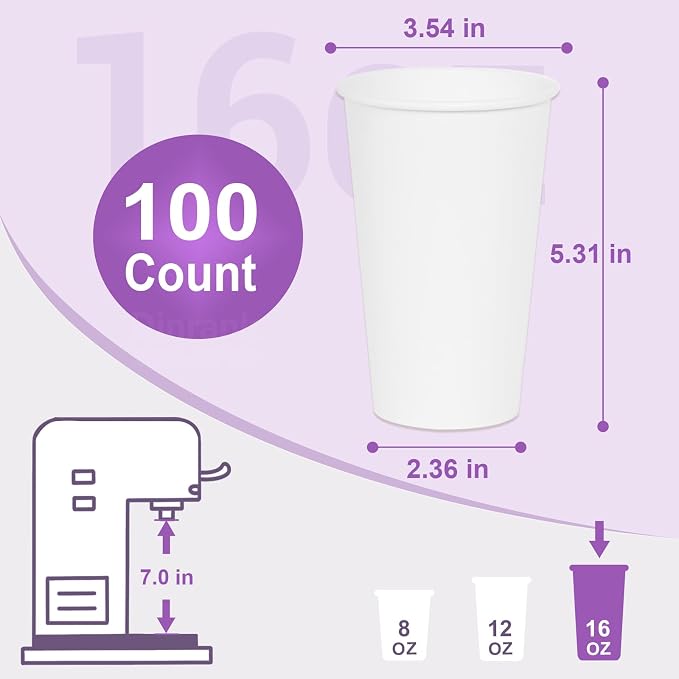 16 oz 100 Pack Bulk Disposable Paper Cups, Leak Proof White - Image 3