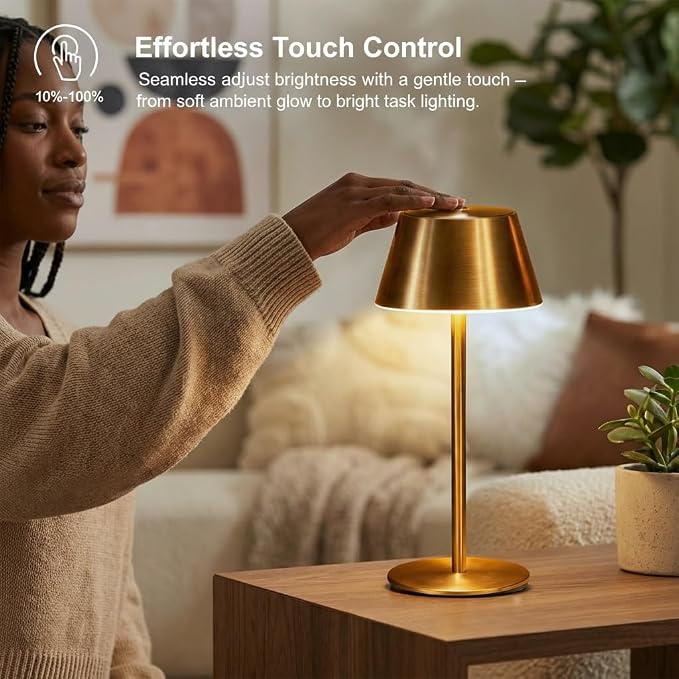 Gold Cordless Table Lamp, Premium All-Metal Brushed Wireless Rechargeable Lamp - Image 4