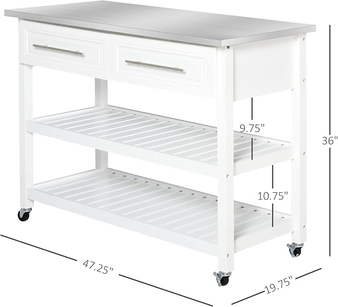 Kitchen Island on Wheels with Stainless Steel Top, Serving & Storage, Farmhouse - Image 2