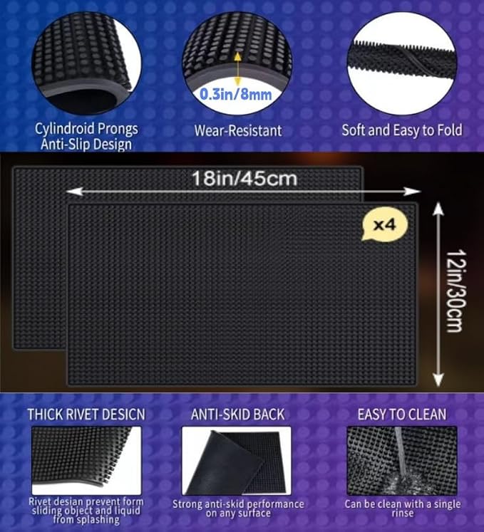 WANGCHAO 4Pack Black Bar Mats 18" x 12" Rubber Dish Drying Mat - Image 2