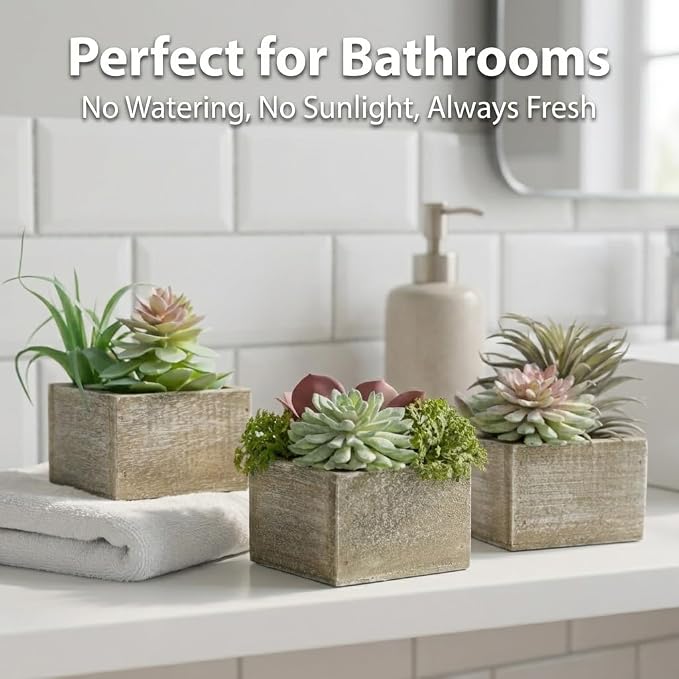 Succulent Plants Artificial, 3 Pack Small Fake Plants in Wood Pot - Image 4