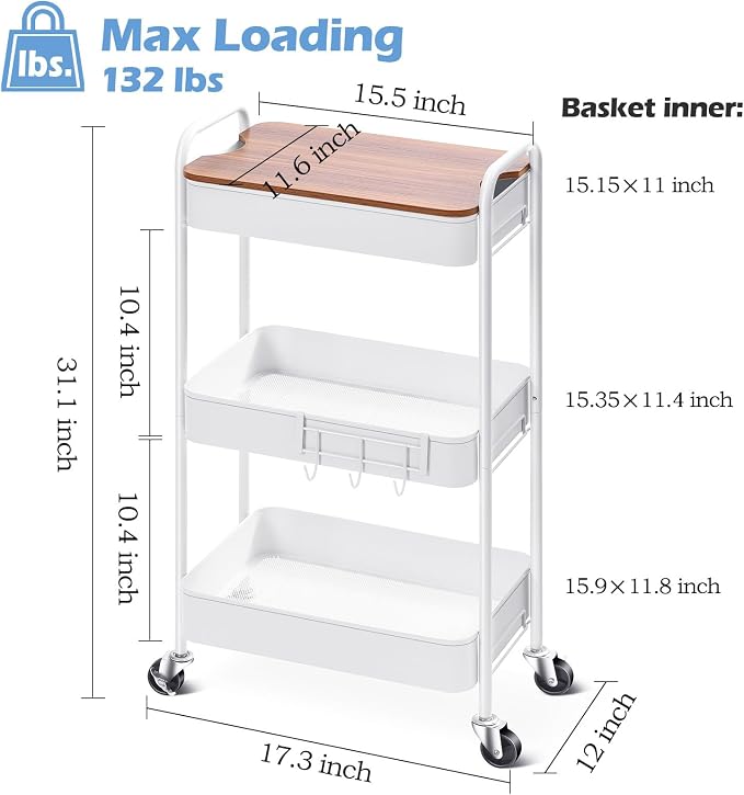 TOOLF 3-Tier Rolling Cart with Table Top, Metal Storage Cart on Wheels - Image 6