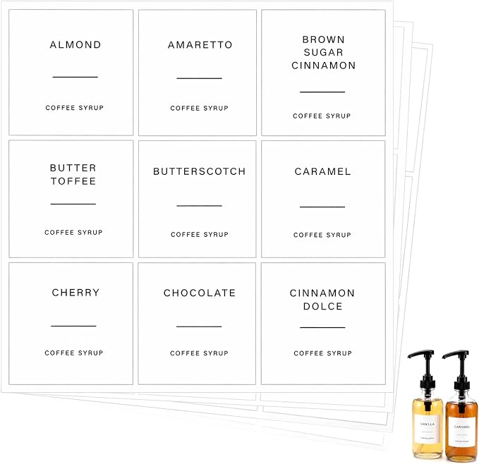 72 PCS Coffee Syrup Labels | Preprinted Waterproof Vinyl Syrup Labels by Unknown