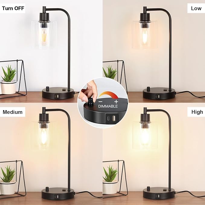 Industrial Table Lamp with USB A+C Ports and Outlet, Fully Stepless Dimmable - Image 4