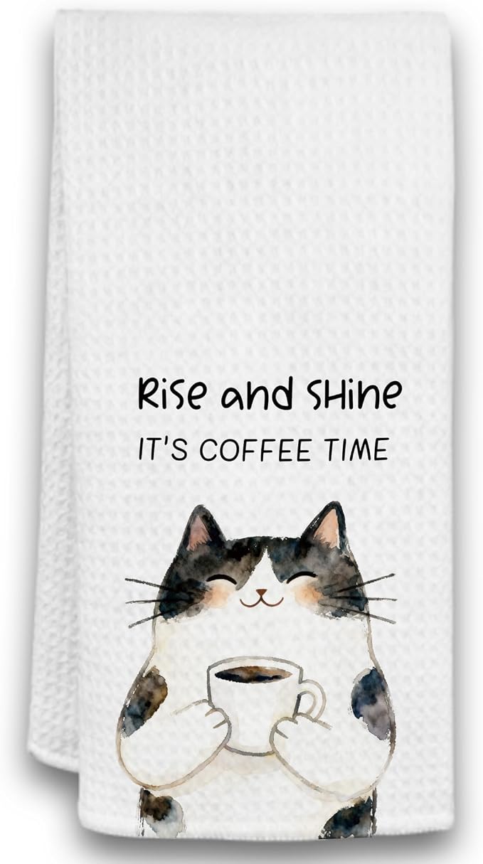 Cute Calico Cat Kitchen Towel, Calico Coffee Cat Tea Towel by Unknown