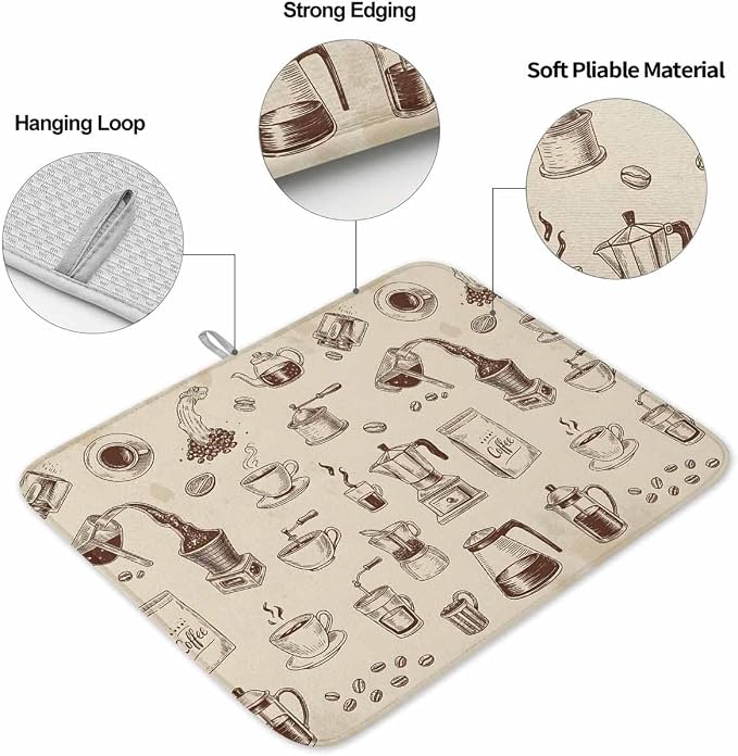 Coffee Dish Drying Mat 16x18 inch Vintage Coffee Beans Brewing Equipment Linen - Image 5