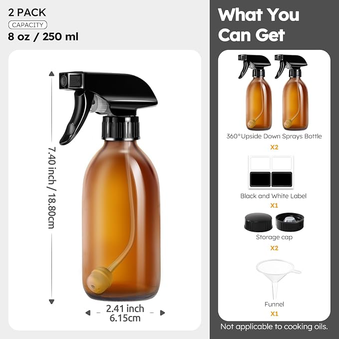 Tecohouse Amber Glass Spray Bottles 8oz, 2 Pack 360° Water Spray Bottle - Image 7