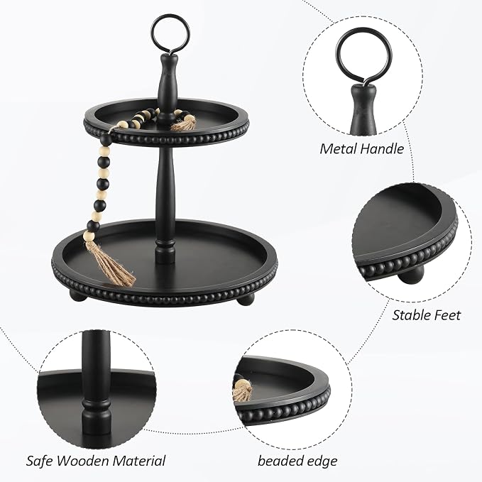 Beaded Tiered Tray Stand, Rustic Wooden 2 Tier Decorative Tray - Image 4