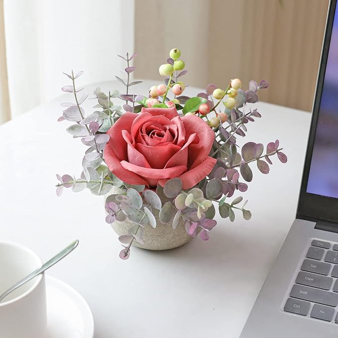 Small Artificial Pink Rose Potted Plant, Mini Faux Floral Arrangement - Image 6