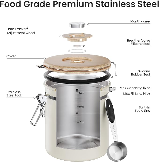 Veken Coffee Canister, Airtight Stainless Steel Kitchen Food Storage Container - Image 4
