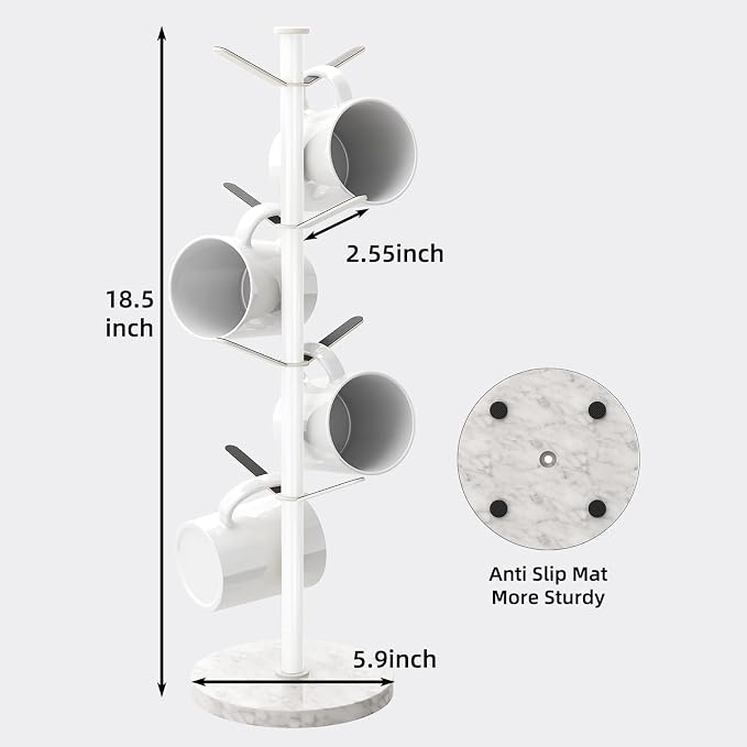 Gypie Mug Holder Tree with Marble Base, 8 Hooks White Coffee Cups Holder Stand - Image 5