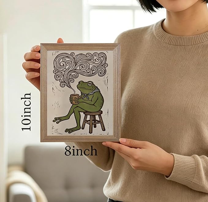 JQ7OL Whimsical Wall Art Frog Drinking Coffee Wall Art Wood Framed Funny - Image 3