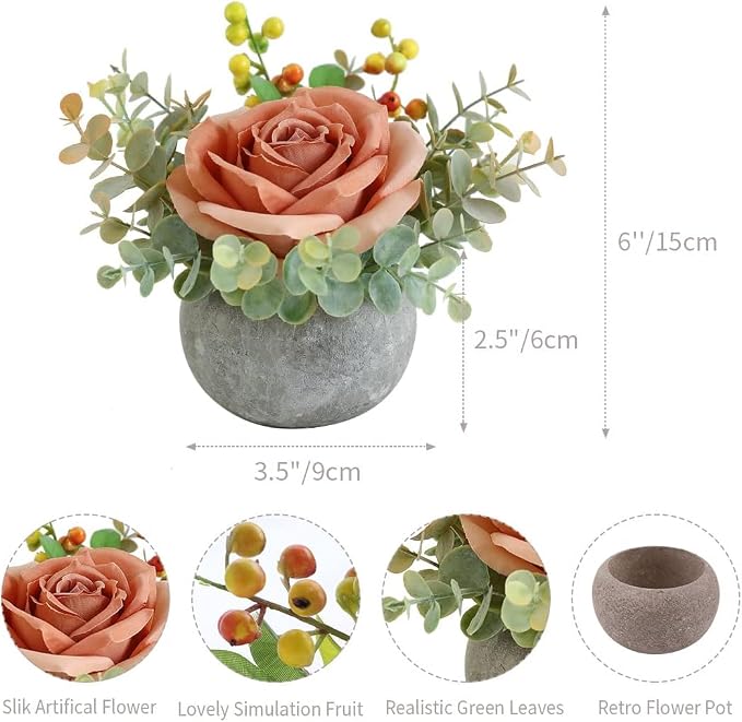 Small Artificial 2pcs Orange Rose Potted Plant, Mini Faux Floral Arrangement - Image 3