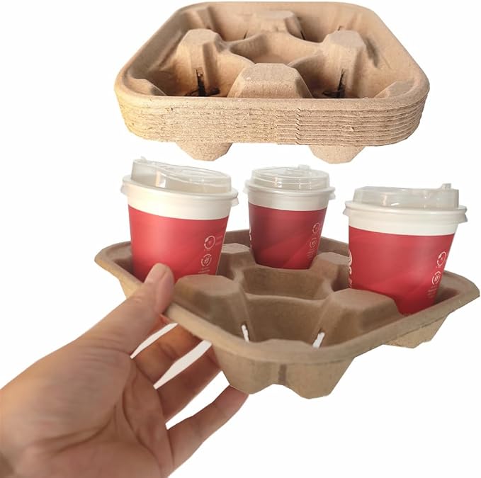 Disposable 4 Cup Drink Carrier Trays, Biodegradable Pulp Fiber Coffee Carry Tray - Image 5