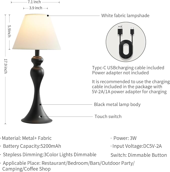 Cordless Table Lamp, Portable Fabric Shade LED Desk Lamps, 5200mAh Battery - Image 3