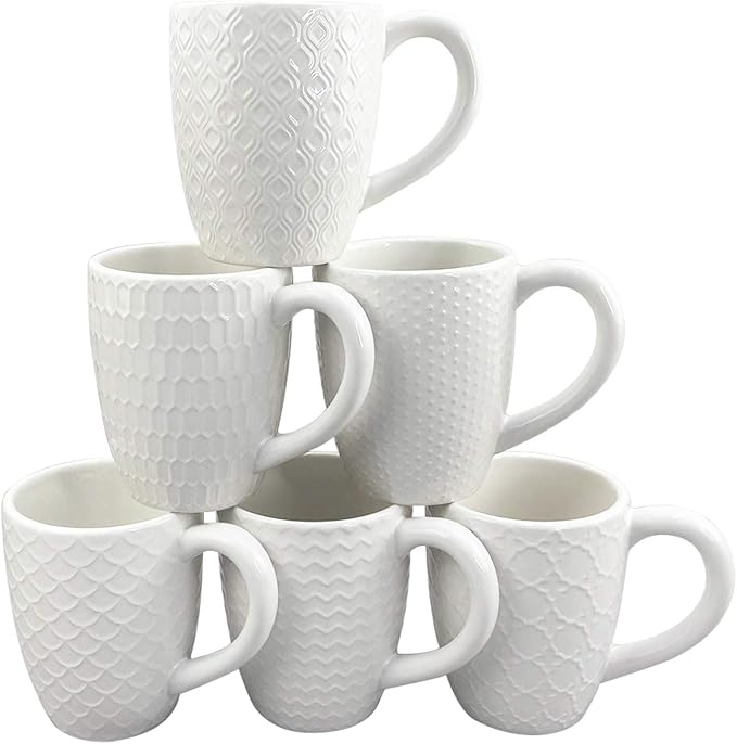 Schliersee 12 OZ White Ceramic Coffee Mugs Set of 6, Stylish Embossed Coffee by Schliersee