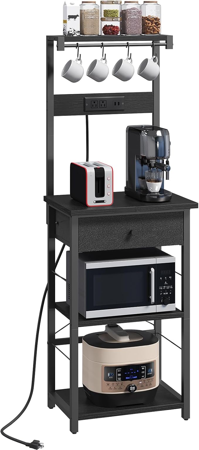 MAHANCRIS Bakers Rack with Drawer, Microwave Stand with Power Outlet, Coffee by MAHANCRIS