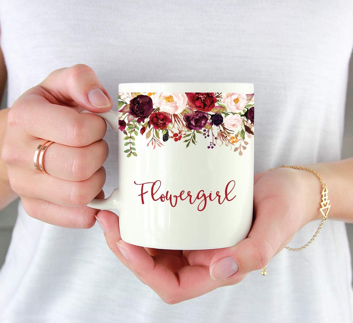 Andaz Press 11oz. Wedding Ceramic Coffee Tea Mug Gift, Fall Autumn Marsala Burgundy Flowers Roses Florals, Flowergirl, 1-Pack, Includes Gift Box