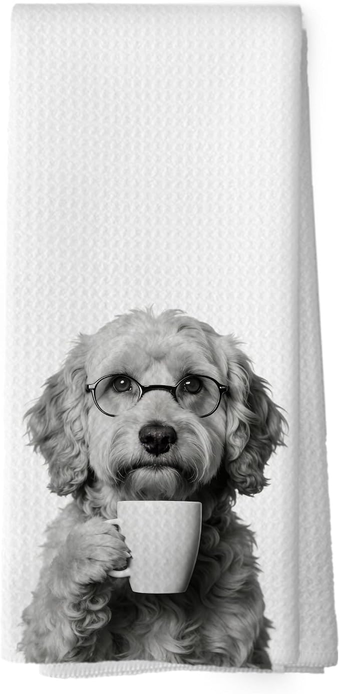 Funny Goldendoodle Coffee Bar Kitchen Dish Towels, Dog Doxie Gifts by XPH