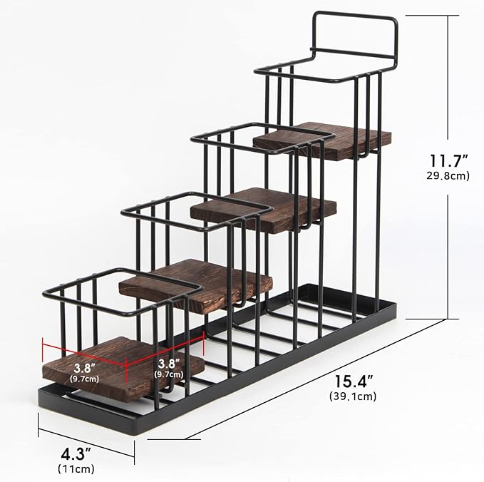 Coffee Syrup Organizer Rack, Rustic Wood and Metal Wire, 4-Tier Display Holder - Image 7