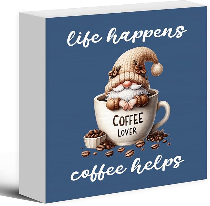 Rustic Coffee Gnomes Blue Wood Box Sign Desk Decor, Drink Lovers Gift Life by Luipk