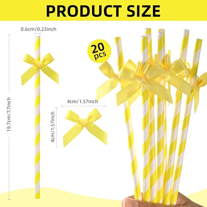 20pcs Yellow Bow Straw, 7.7inch Cake Pops Treat Sticks Biodegradable Cute Paper - Image 2