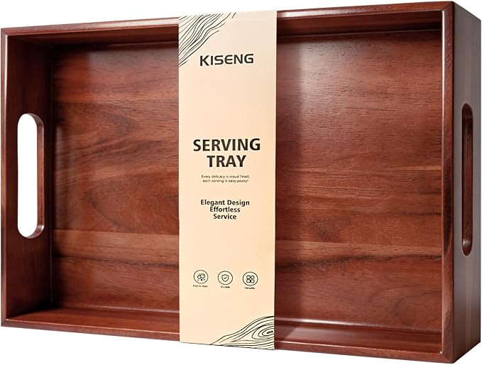 Acacia Wood Serving Tray with Handles, 17 x 12 Inch Large Wooden Tray by KISENG