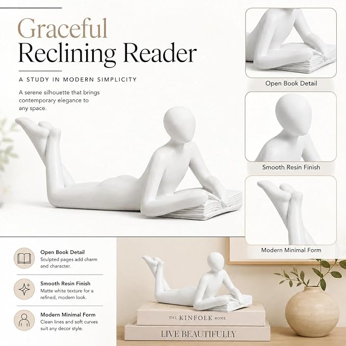 White Reading Statue Style A, Abstract Reader Figurine, Resin Book Decor - Image 5