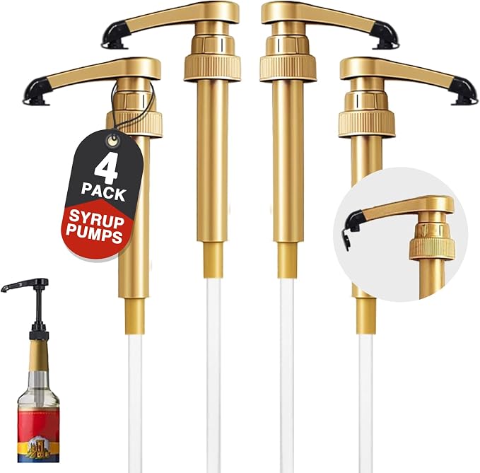 4 pcs Glod Syrup Pumps with Cap to Avoid Dripping, Leak Proof Coffee Syrup by DupakSYS
