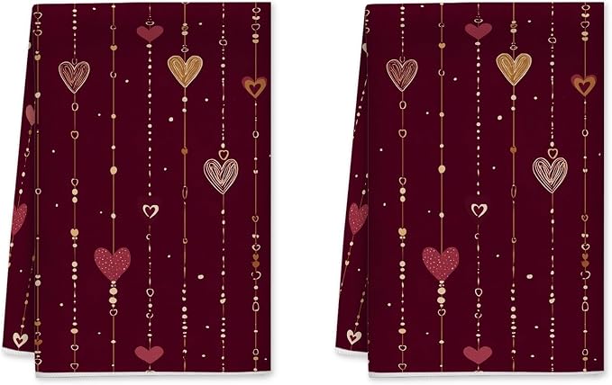 Hearts Kitchen Towels Set of 2, Romantic Modern Strings Dots Valentine's Day by Unknown