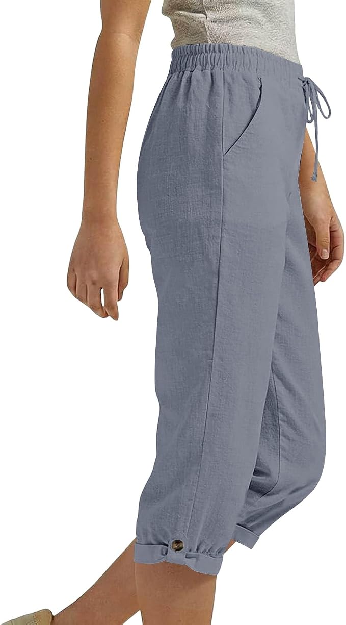 Drawstring Capri Linen Pants Women Elastic Waist Straight Leg Pant Summer Beach - Image 5
