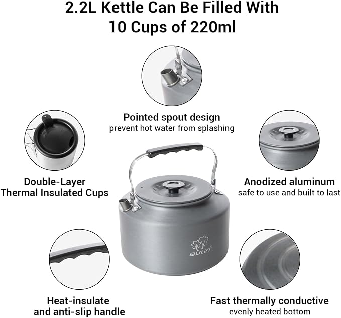 Bulin Camping Kettle, 2.2L Large Portable Stovetop Tea Kettle Fast Heating - Image 3