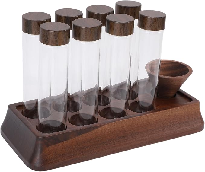 Coffee Bean Storage Tubes with Walnut Wooden Stand Airtight 8pcs Tubes Glass by Irishom