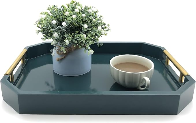 Serving Tray with Polished Metal Handles, Hexagon Coffee Table Tray, Modern - Image 2