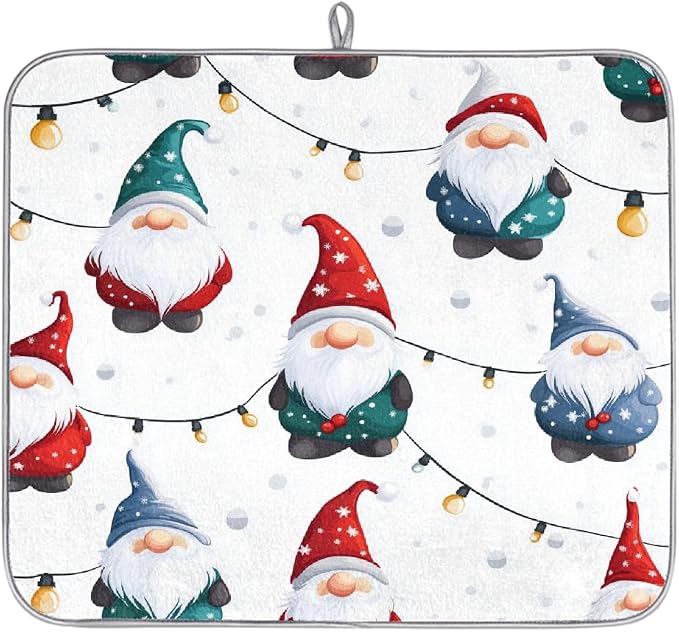 Cute Christmas Gnomes String Lights Dish Drying Mat, Kitchen Counter Quick Dry by Unknown