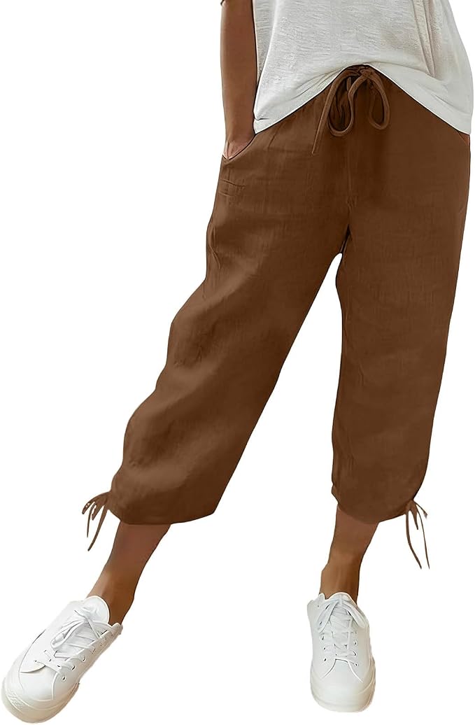 Linen Capri Pants for Women Drawstring Elastic Wide Leg Trouser 2026 Summer by Unknown