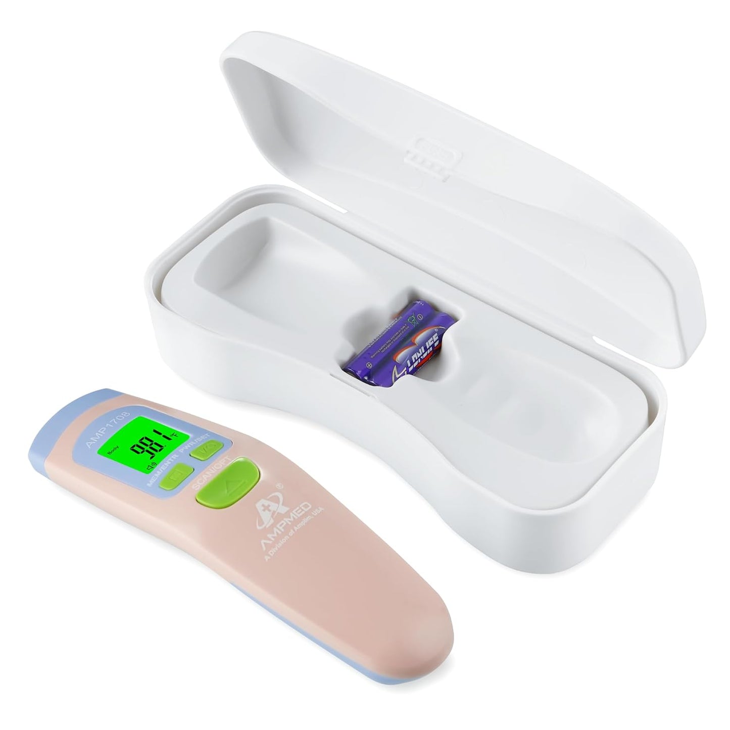 Amplim Non-Contact Forehead Thermometer for Adults, Kids & Infants | Ampmed No-Touch Medical Grade Temporal Fever Thermometer with Case, Nurse Accessories for Work, FDA-Cleared Pink Termometro Digital